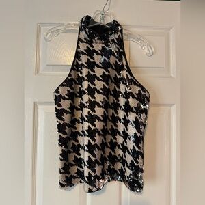INC International Concepts Black & White Sequin Houndstooth Halter Top